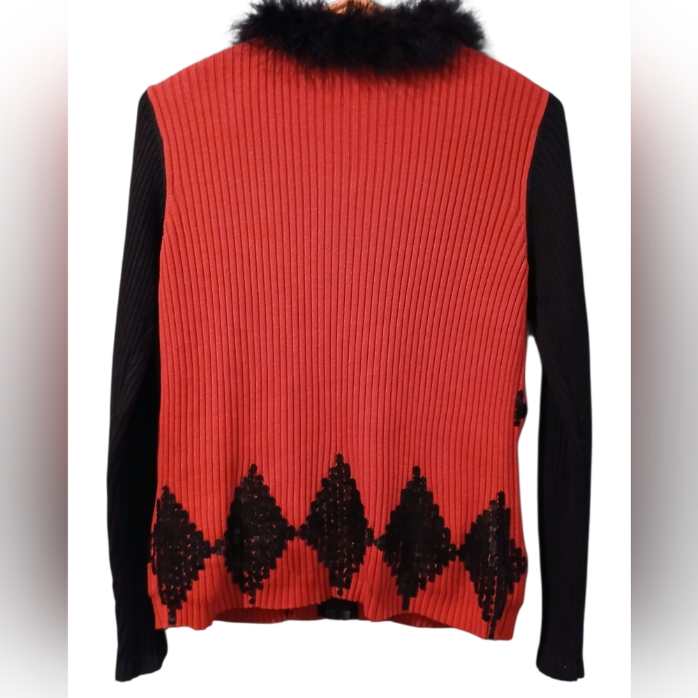 Berek 2 Red Black Fur Collar Sequin Diamond Zip Cardigan Sweater Small Steampunk - Picture 3 of 12